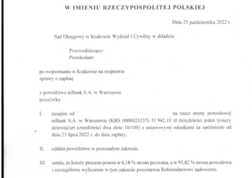 Sąd Okręgowy w Krakowie oddalił żądanie mBanku o wynagrodzenie za korzystanie z kapitału